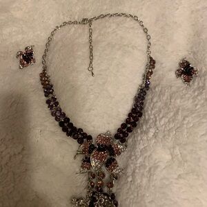 Ella & Elly Floral Necklace Set in Purple and Silvertone